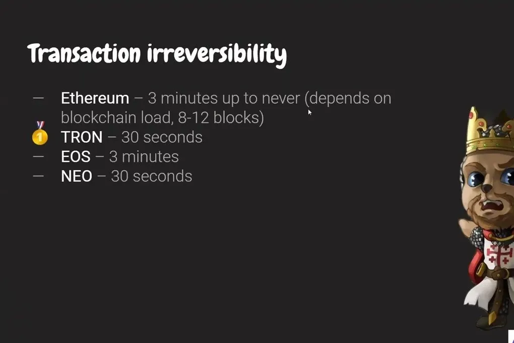 Slide: transaction irreversibility on Ethereum, TRON, EOS and NEO