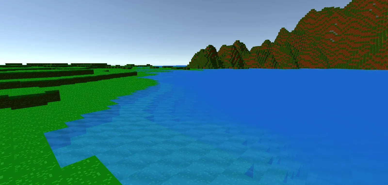 Procedural terrain: a river, hills and mountains.